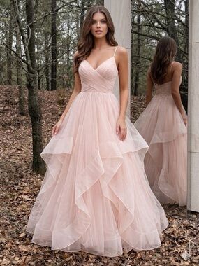 Terani Couture Layered Glamour Blush Light Pink Ruffle Prom Gown Pageant Dress